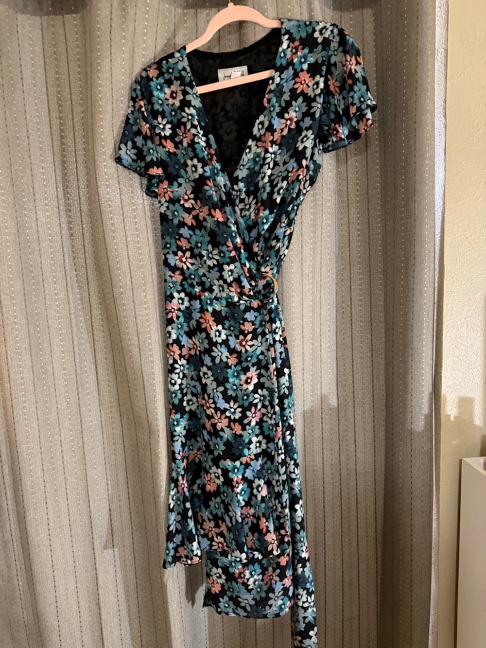 Joseph Ribkoff Black Floral Wrap Midi Dress with Teal and Pink Flowers